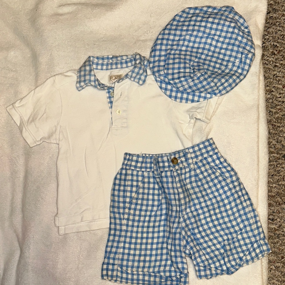 TCP THE CHILDREN’S PLACE BLUE GINGHAM LINEN SHORTS & POLO SHIRT & HAT 12-18 MOS